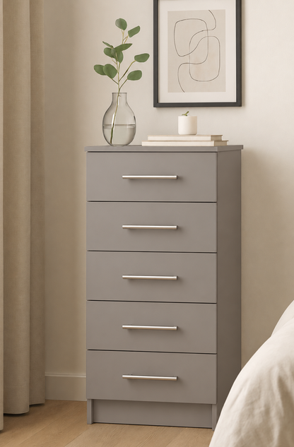 Chest of Drawers - 5 Drawers (Narrow), Dust Grey, corrected narrow proportions