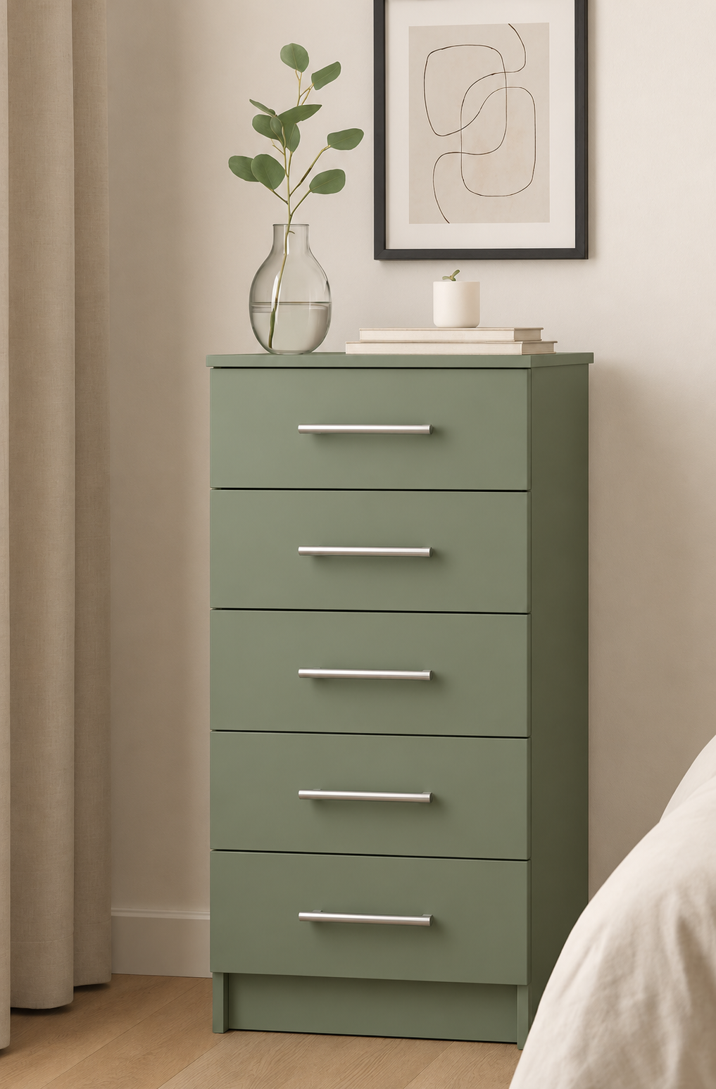 Chest of Drawers - 5 Drawers (Narrow), Sage Green, corrected narrow proportions