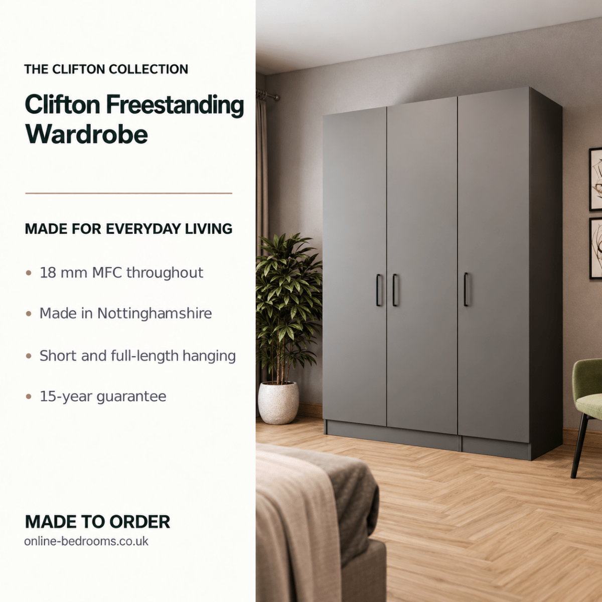 Clifton Freestanding Wardrobe - W: 1500mm x H: 2100mm x D: 600mm 2 - Online Bedrooms