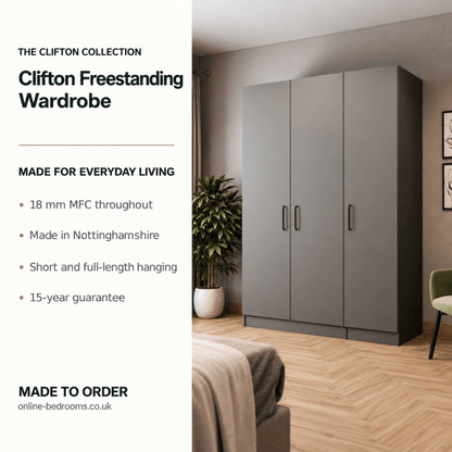Clifton Freestanding Wardrobe - W: 1500mm x H: 2100mm x D: 600mm 2 - Online Bedrooms