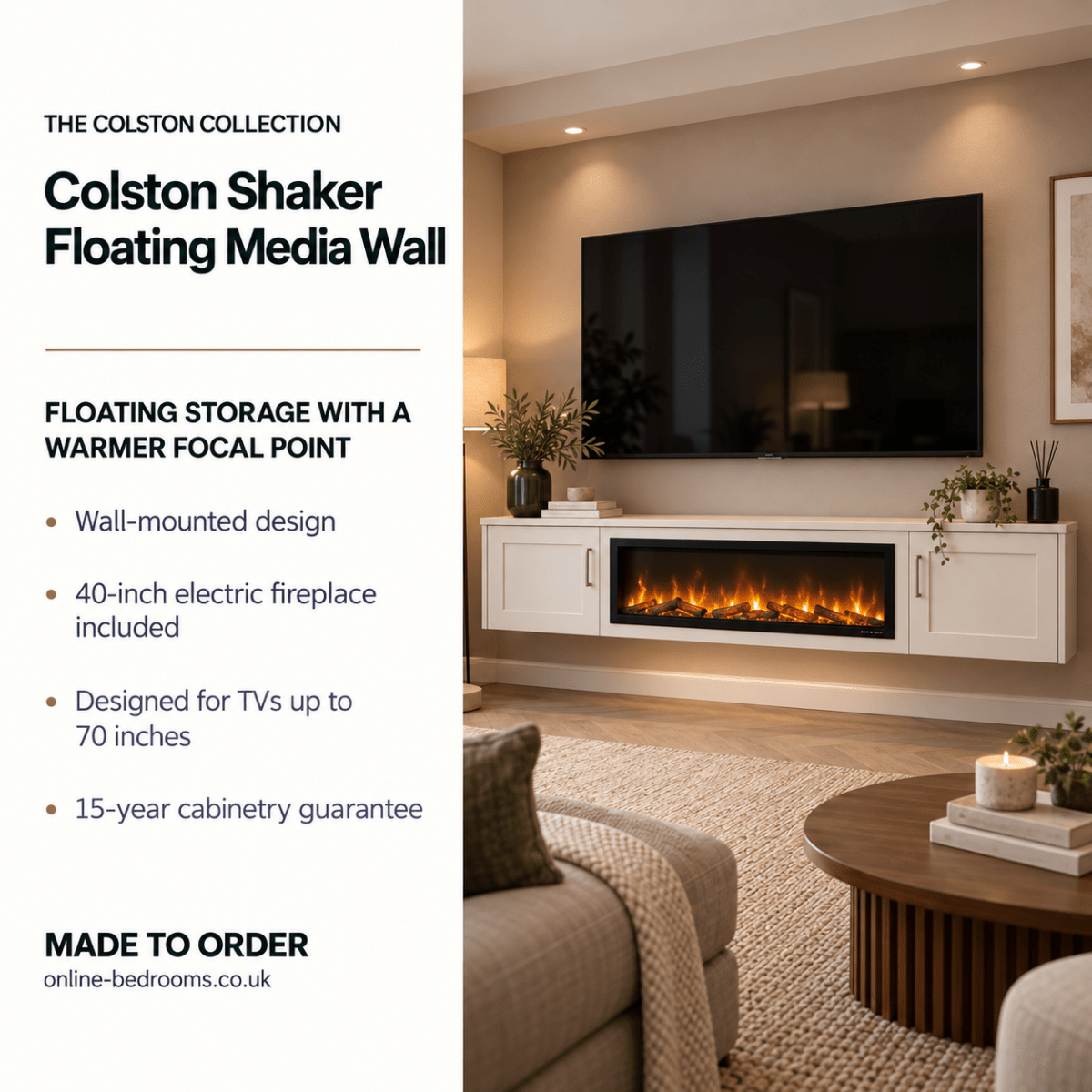 Colston Shaker Floating Media Wall Unit - 40" Fireplace 2 - Online Bedrooms