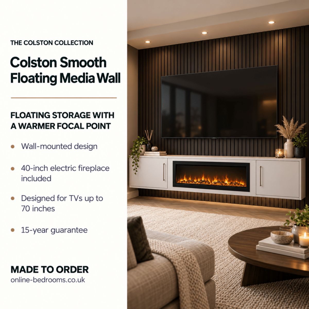 Colston Smooth Floating Media Wall Unit - 40" Fireplace 2 - Online Bedrooms