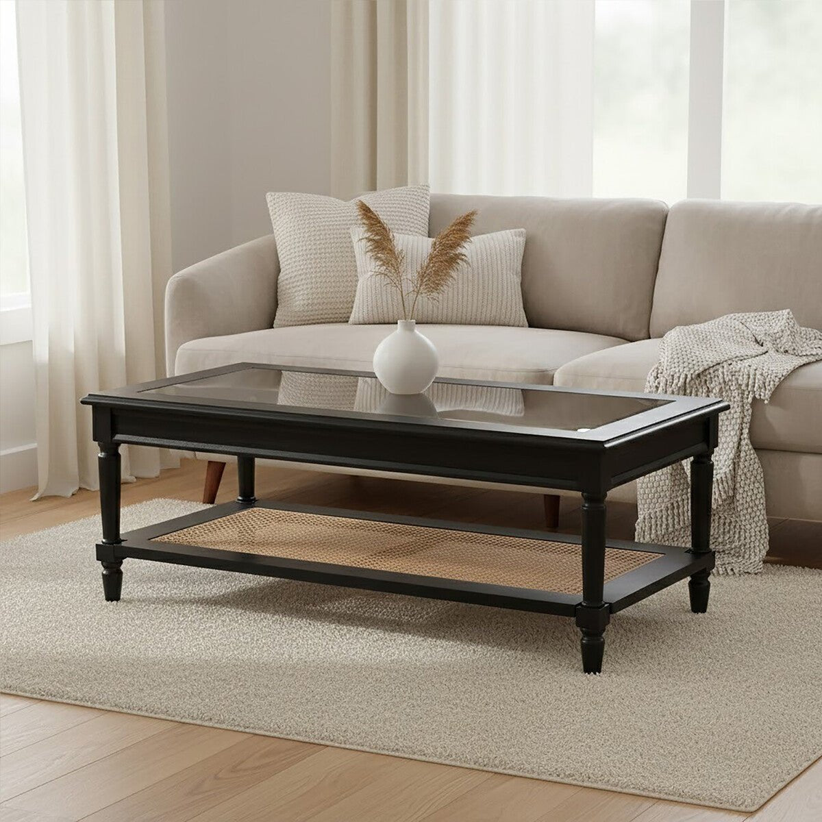 Corso Black Coffee Table with Natural Rattan Shelf 4 - Online Bedrooms