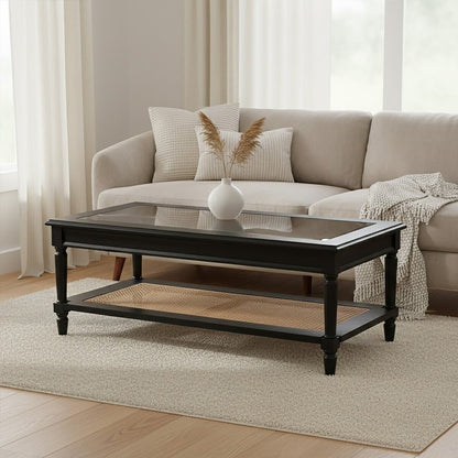 Corso Black Coffee Table with Natural Rattan Shelf 4 - Online Bedrooms