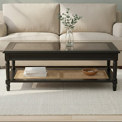 Corso Black Coffee Table with Natural Rattan Shelf 1 - Online Bedrooms