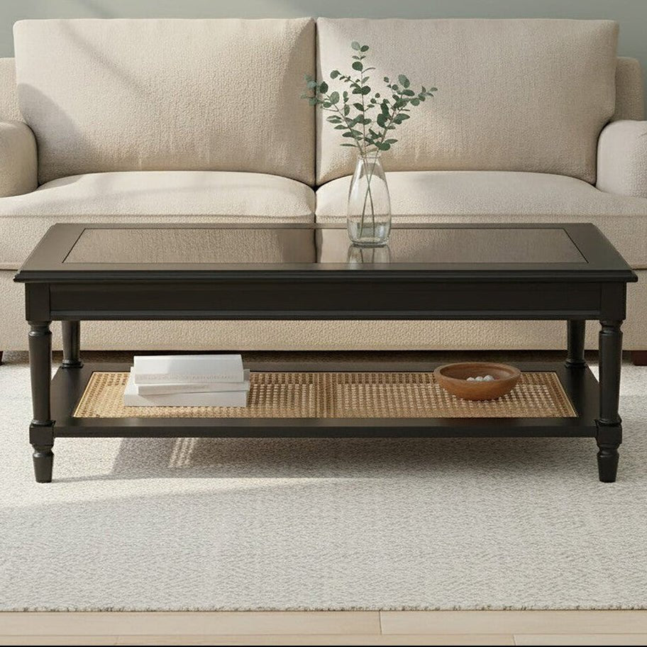 Corso Black Coffee Table with Natural Rattan Shelf 1 - Online Bedrooms