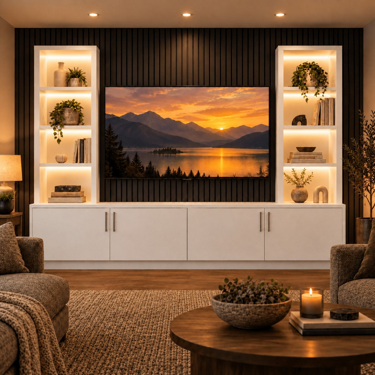 Double-bookcase media wall with warm white LED strip lighting