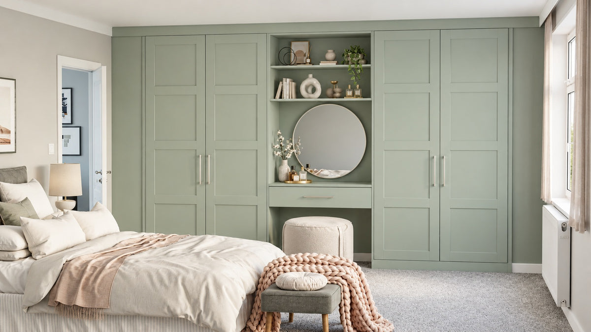 Sage four-panel Shaker fitted wardrobes with integrated dressing table, round mirror and upholstered stool