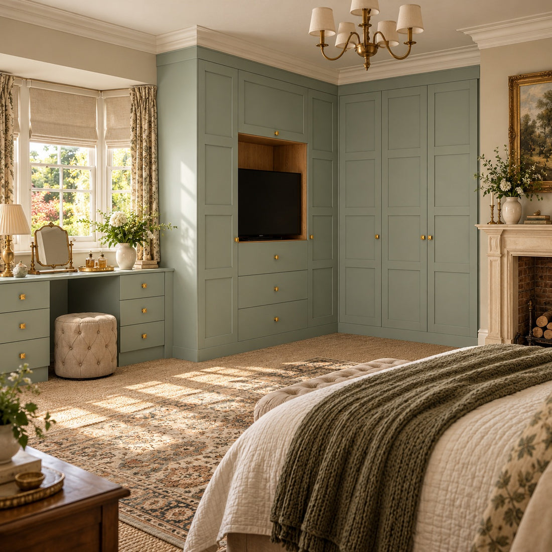 Matt sage Shaker corner wardrobes turning around two walls in a vintage luxury bedroom