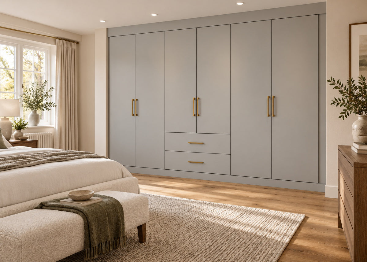 Matt grey made-to-measure fitted wardrobes in a luxury neutral bedroom