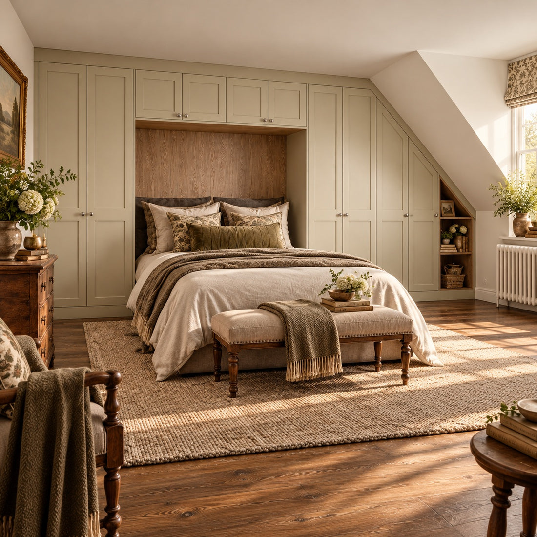 Matt Mussel Shaker storage above and beside a bed beneath a sloping ceiling