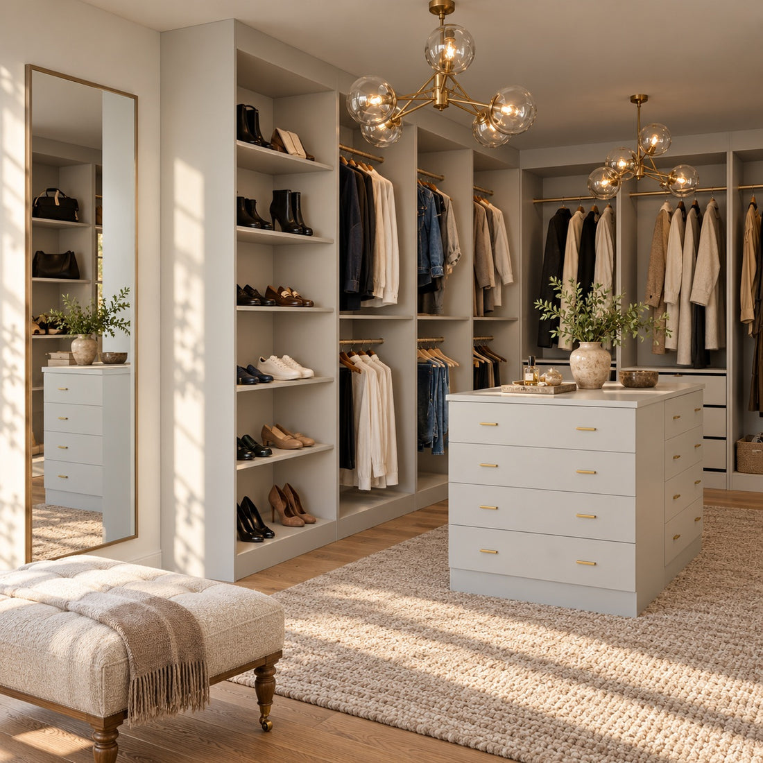 Matt light grey walk-in wardrobe shelving and hanging bays with a central drawer island