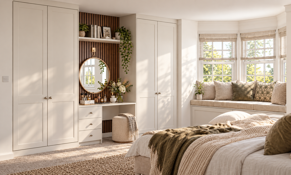 coordinating bedroom wardrobe furniture in a premium bedroom with natural light