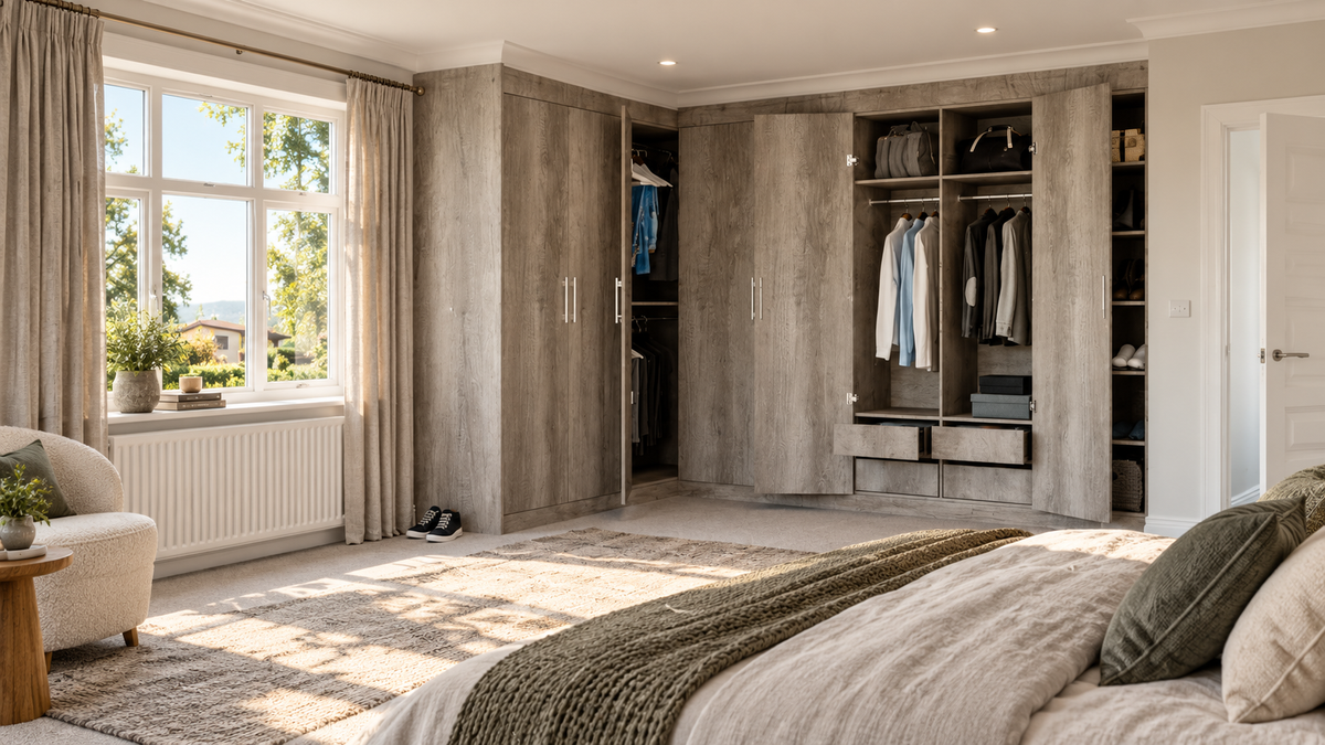 corner layout wardrobe furniture in a premium bedroom with natural light