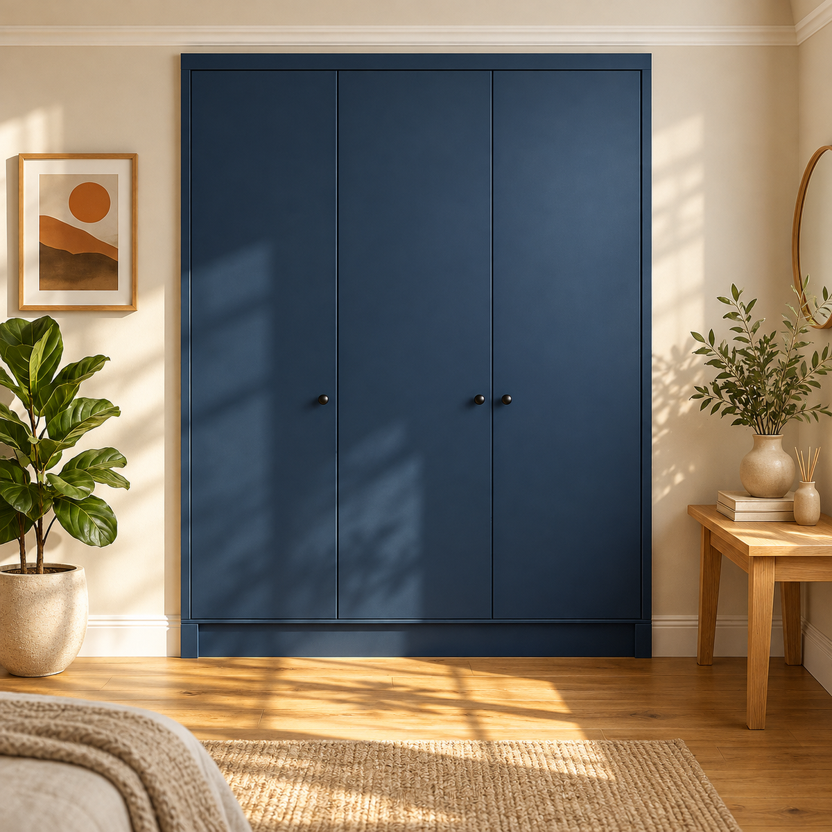 front frame wardrobe furniture in a premium bedroom with natural light