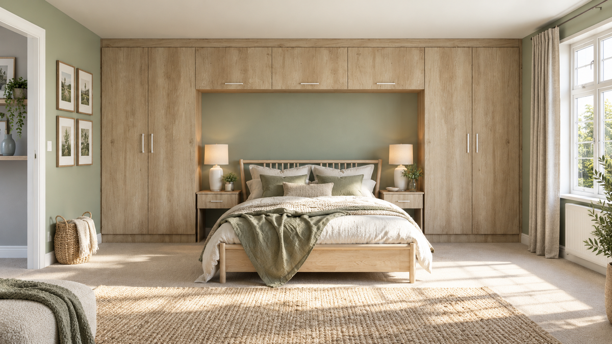 overbed layout wardrobe furniture in a premium bedroom with natural light