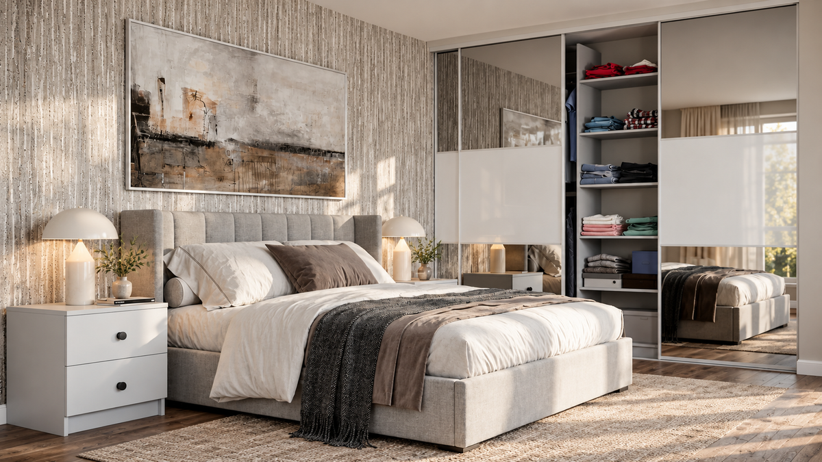Partly open mirrored sliding wardrobe in a softly lit luxury bedroom