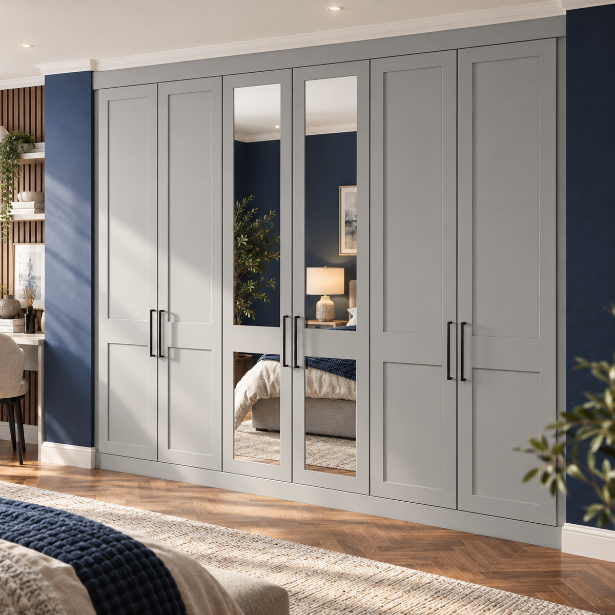two panel shaker wardrobe furniture in a premium bedroom with natural light