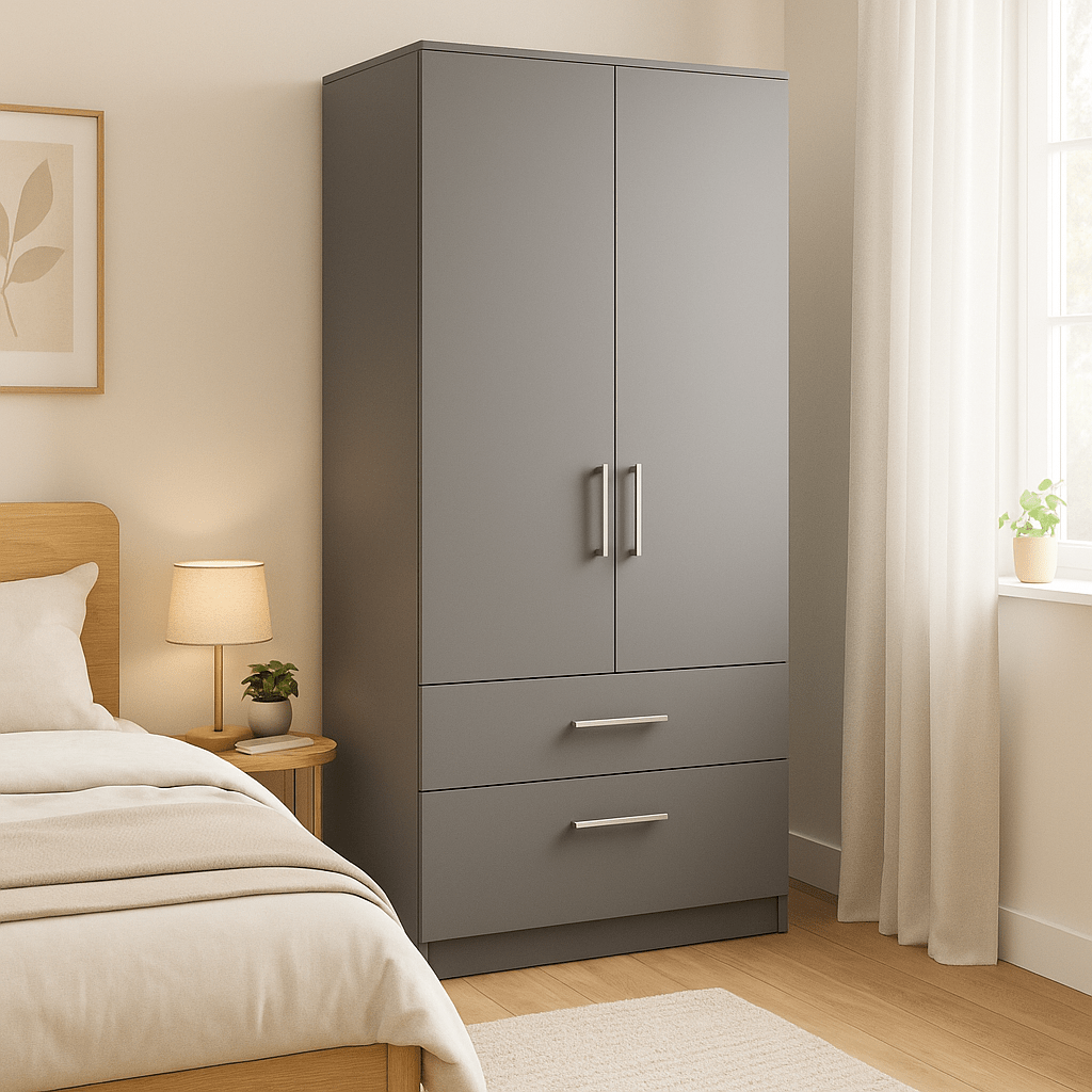 Freestanding Double Wardrobe With 2 Drawers - W: 1000mm x H: 2250mm x D: 620mm 1 - Online Bedrooms