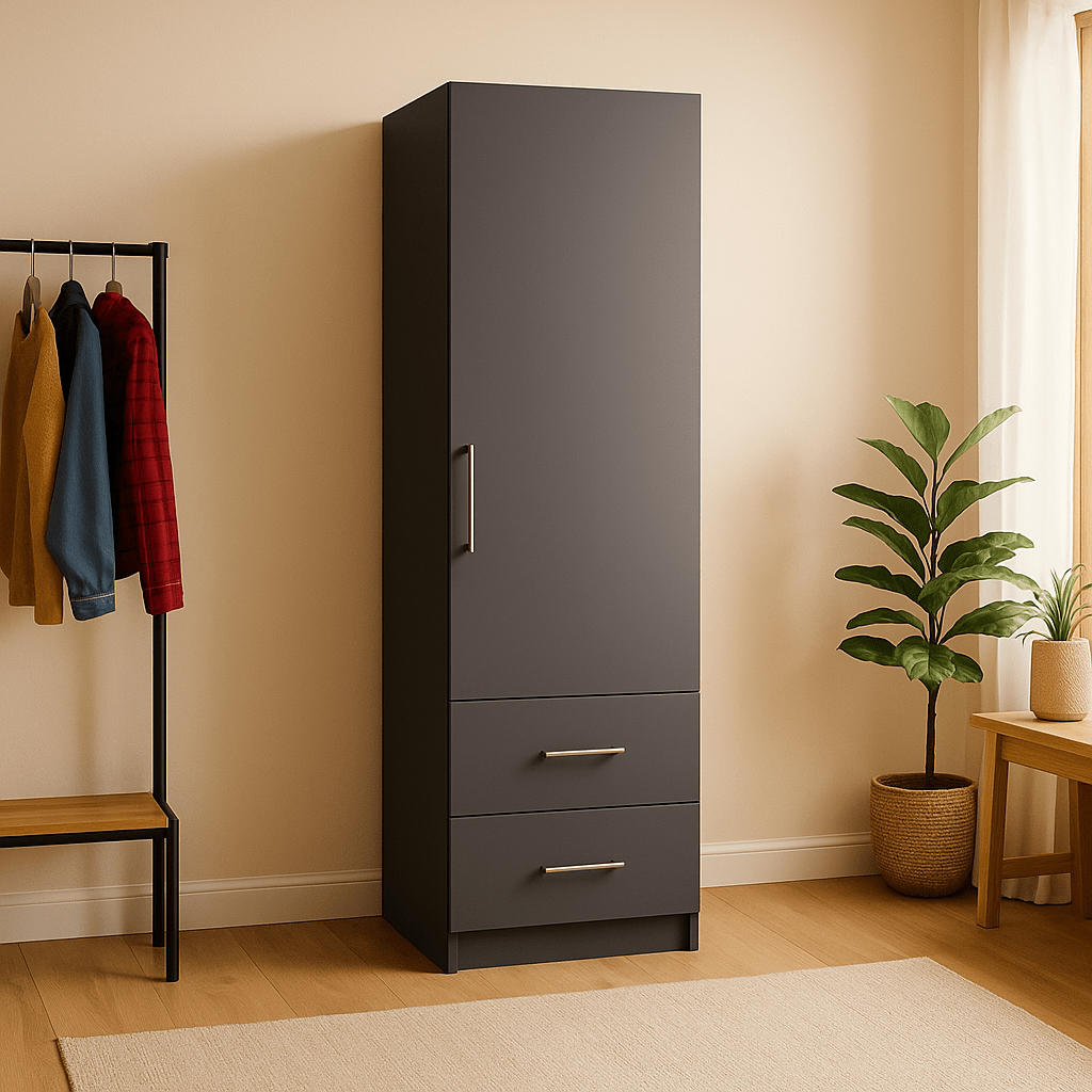 Freestanding Single Wardrobe With 2 Drawers - W: 600mm x H: 2250mm x D: 620mm 1 - Online Bedrooms