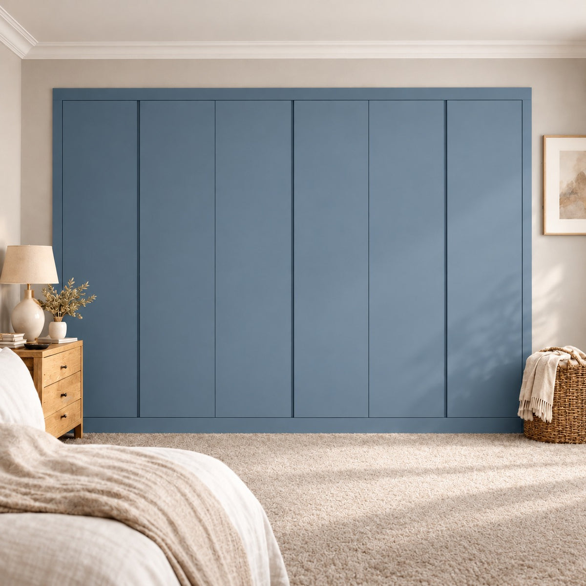 Harbour Blue matt six-door handleless fitted wardrobe