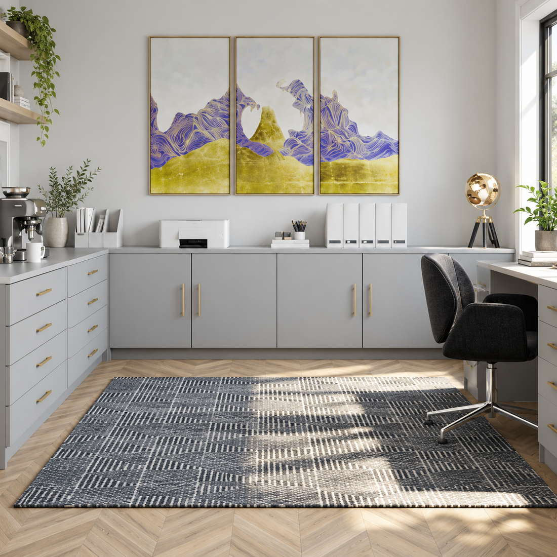Illustrative fitted home office with pale-grey cupboards, drawers and a desk