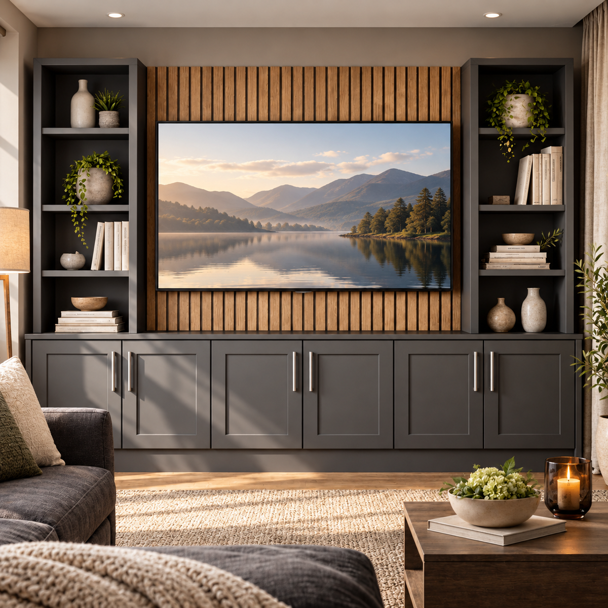 collection media wall in a premium home setting with natural photographic lighting