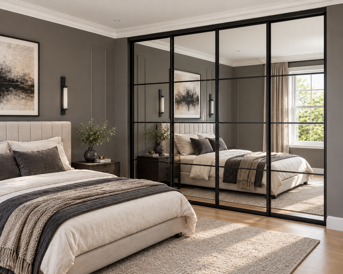 mirrored sliding wardrobe in a premium home setting with natural photographic lighting