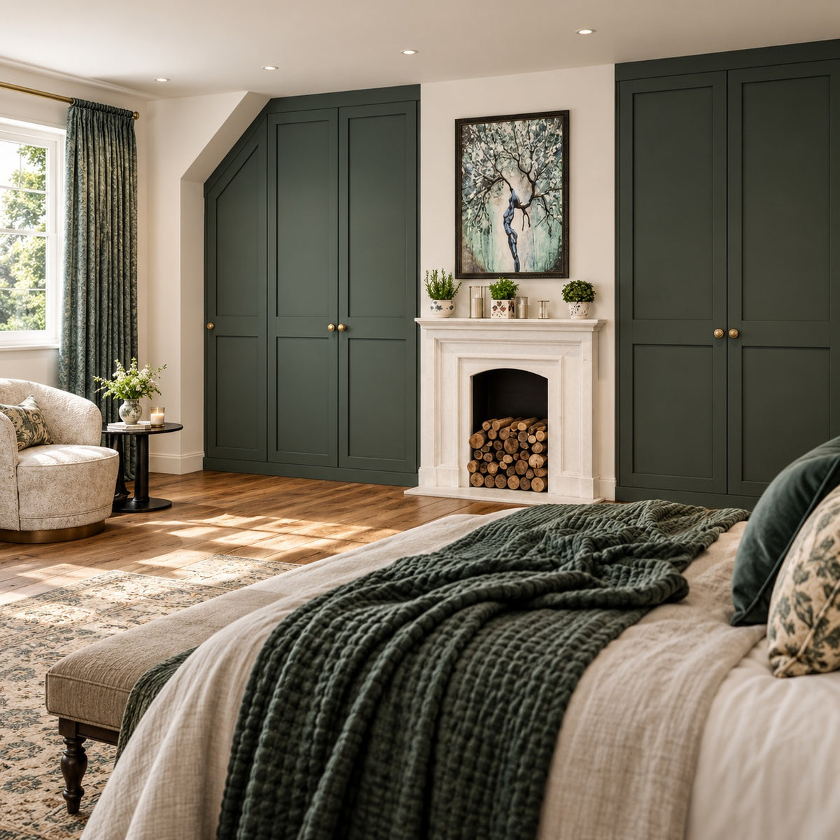 Vintage matt dark green angled Shaker wardrobes