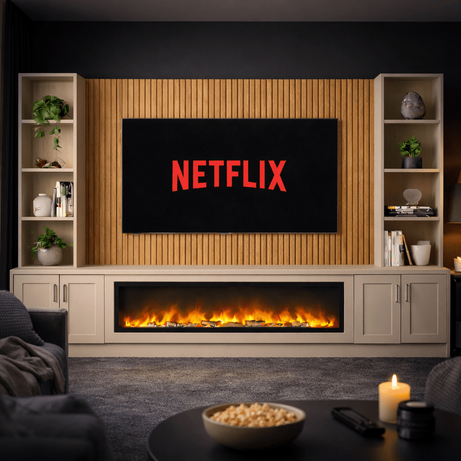 Large 60" Fireplace Media Wall Entertainment with Shaker Door Base & Double Shelving Unit - For Up to 110" TVs 1 - Online Bedrooms