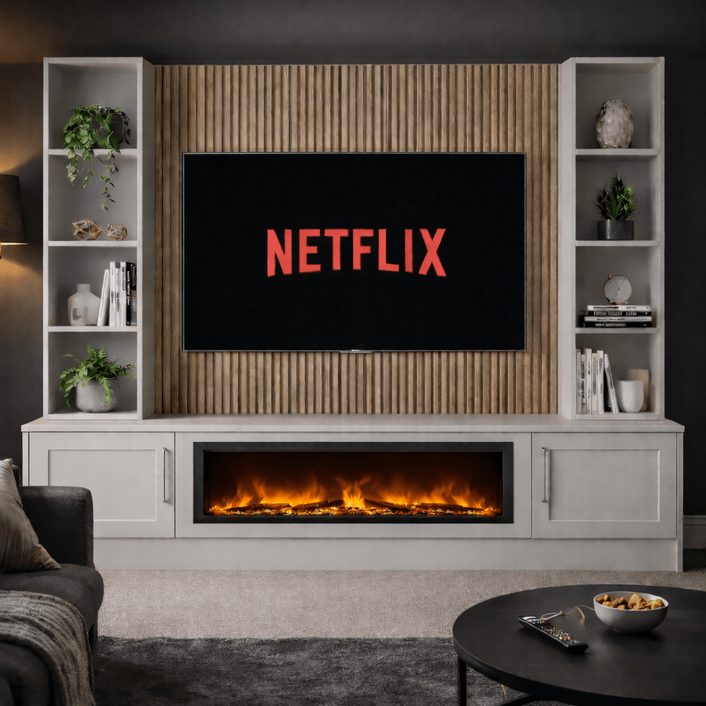 Large 60" Fireplace Media Wall Entertainment with Shaker Door Base & Double Shelving Unit - For Up to 110" TVs 9 - Online Bedrooms