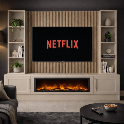 Large 60" Fireplace Media Wall Entertainment with Shaker Door Base & Double Shelving Unit - For Up to 110" TVs 12 - Online Bedrooms