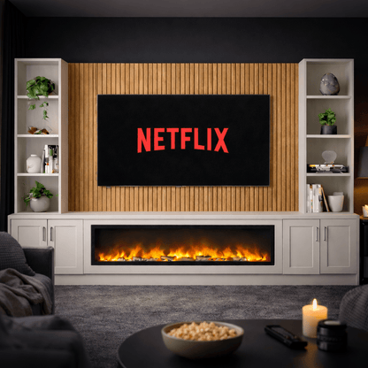 Large 60" Fireplace Media Wall Entertainment with Shaker Door Base & Double Shelving Unit - For Up to 110" TVs 6 - Online Bedrooms
