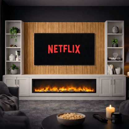 Large 60" Fireplace Media Wall Entertainment with Shaker Door Base & Double Shelving Unit - For Up to 110" TVs 5 - Online Bedrooms