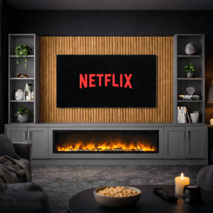 Large 60" Fireplace Media Wall Entertainment with Shaker Door Base & Double Shelving Unit - For Up to 110" TVs 4 - Online Bedrooms