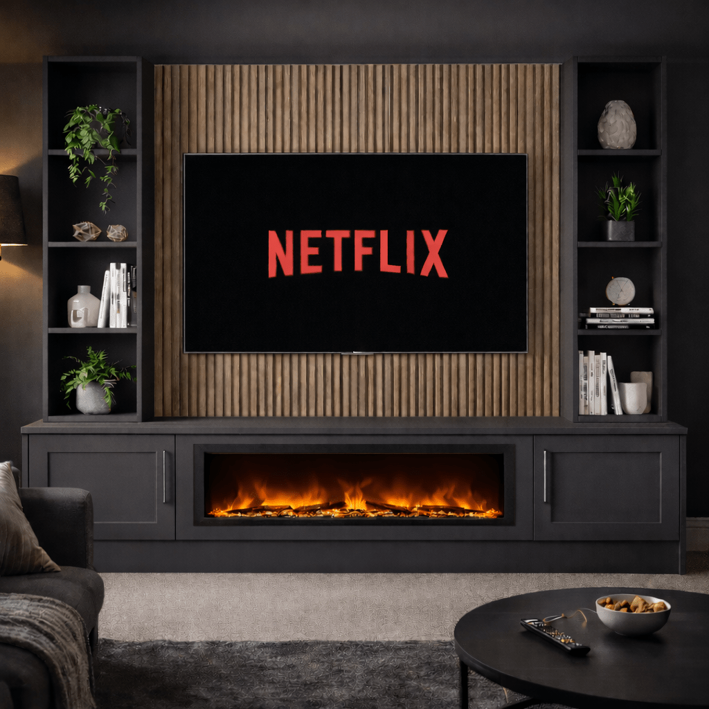 Large 60" Fireplace Media Wall Entertainment with Shaker Door Base & Double Shelving Unit - For Up to 110" TVs 8 - Online Bedrooms