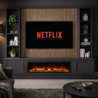 Large 60" Fireplace Media Wall Entertainment with Shaker Door Base & Double Shelving Unit - For Up to 110" TVs 8 - Online Bedrooms