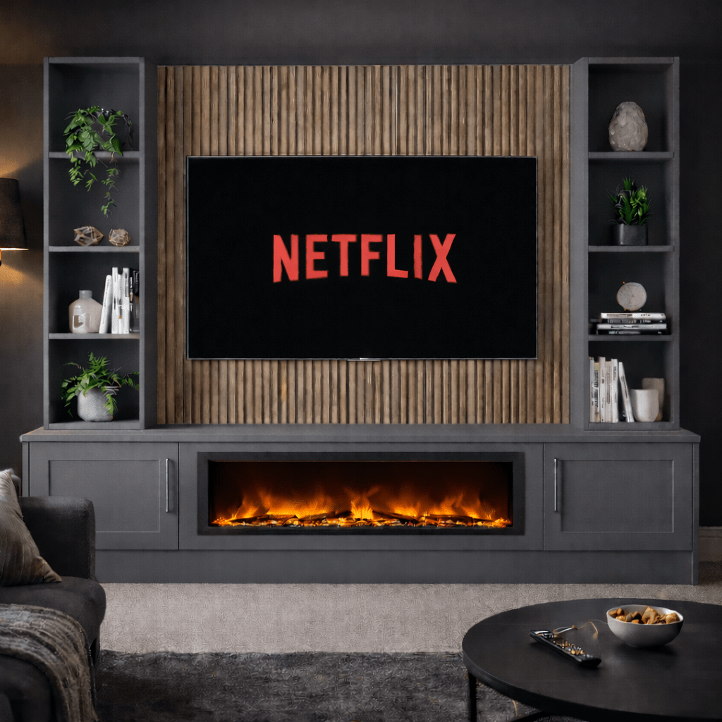 Large 60" Fireplace Media Wall Entertainment with Shaker Door Base & Double Shelving Unit - For Up to 110" TVs 11 - Online Bedrooms
