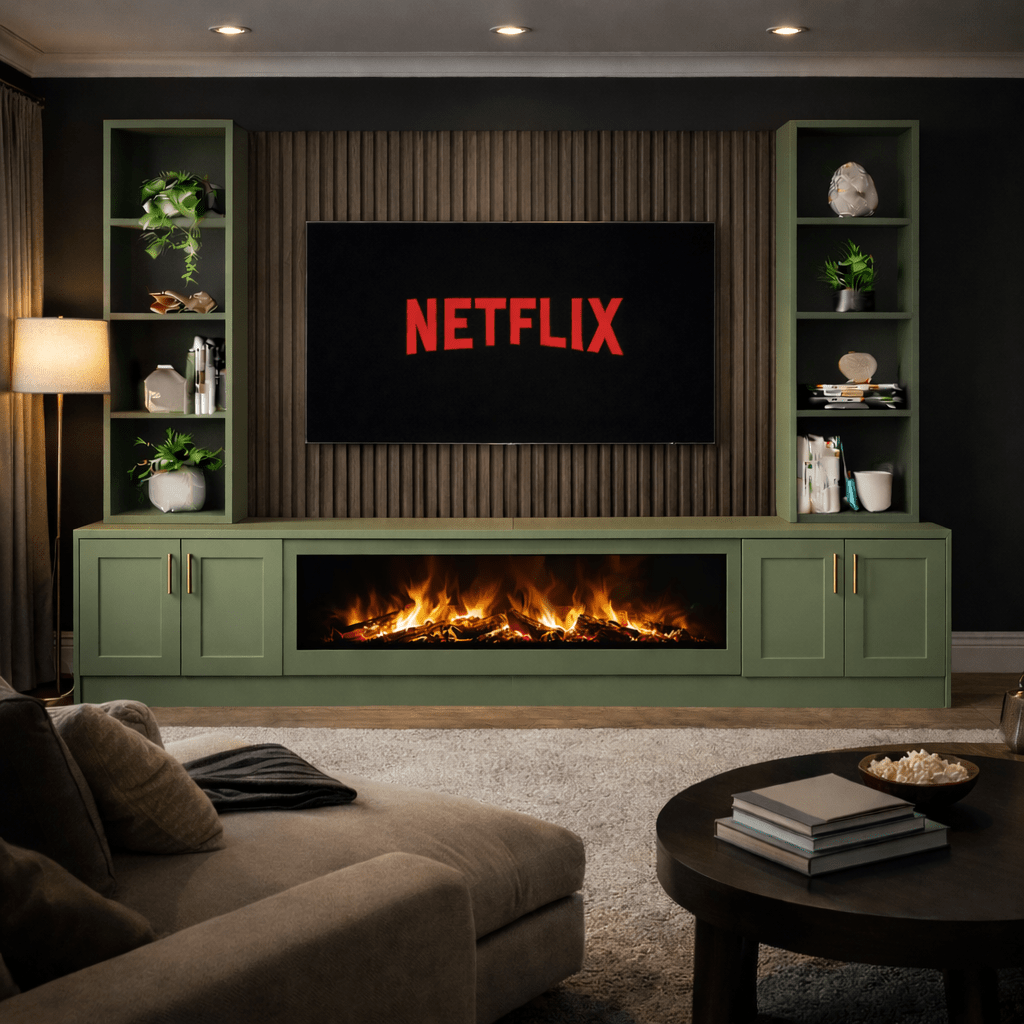 Large 60" Fireplace Media Wall Entertainment with Shaker Door Base & Double Shelving Unit - For Up to 120" TVs 1 - Online Bedrooms