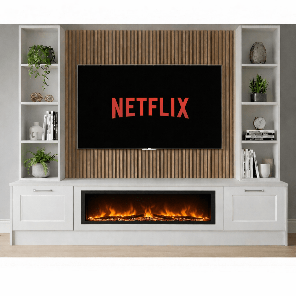 Large 60" Fireplace Media Wall Entertainment with Shaker Door Base & Double Shelving Unit - For Up to 120" TVs 12 - Online Bedrooms