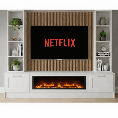 Large 60" Fireplace Media Wall Entertainment with Shaker Door Base & Double Shelving Unit - For Up to 120" TVs 12 - Online Bedrooms