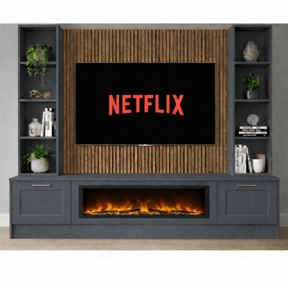 Large 60" Fireplace Media Wall Entertainment with Shaker Door Base & Double Shelving Unit - For Up to 120" TVs 9 - Online Bedrooms