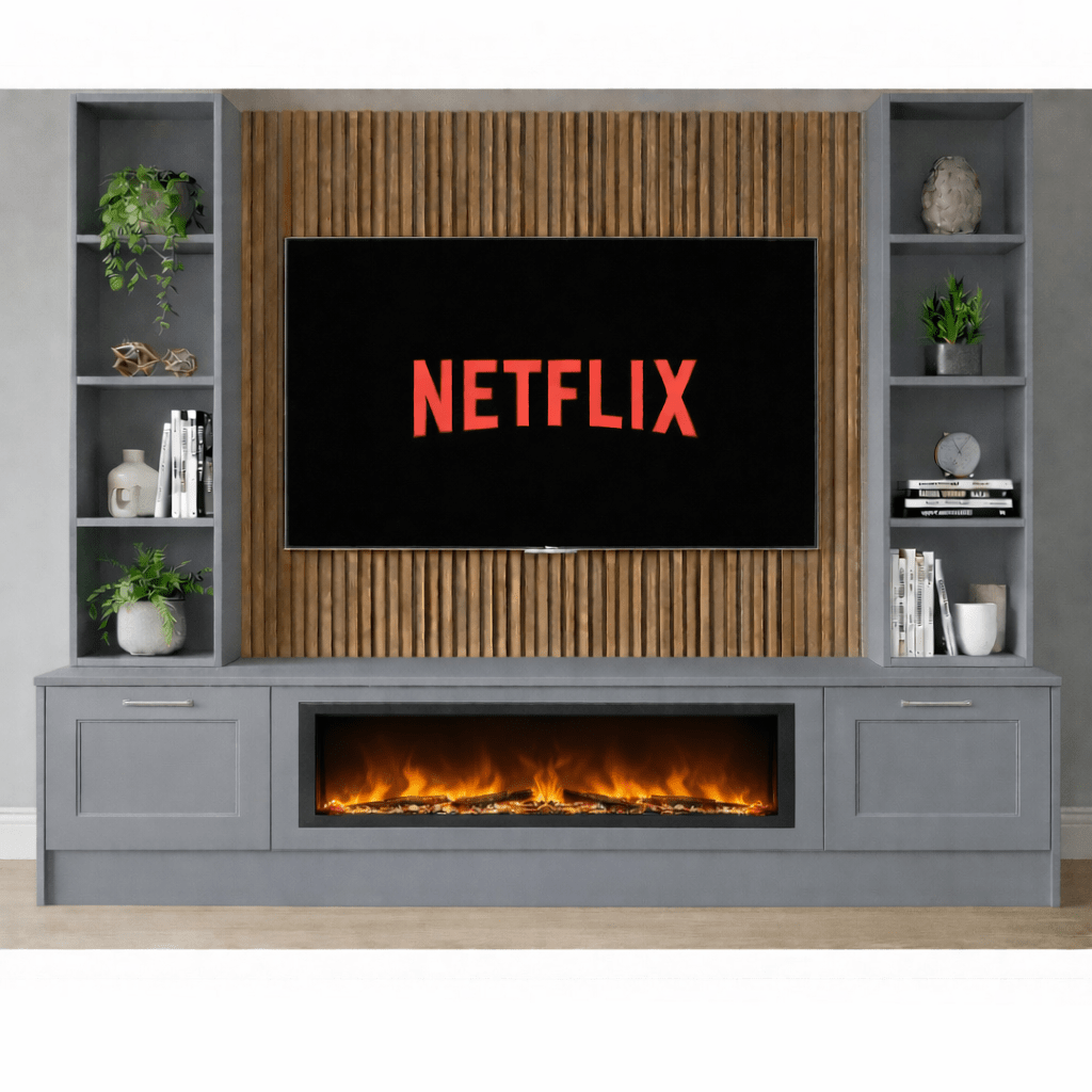 Large 60" Fireplace Media Wall Entertainment with Shaker Door Base & Double Shelving Unit - For Up to 120" TVs 10 - Online Bedrooms