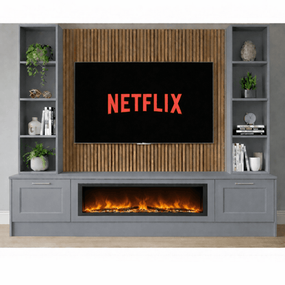 Large 60" Fireplace Media Wall Entertainment with Shaker Door Base & Double Shelving Unit - For Up to 120" TVs 10 - Online Bedrooms