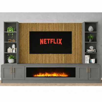 Large 60" Fireplace Media Wall Entertainment with Shaker Door Base & Double Shelving Unit - For Up to 120" TVs 2 - Online Bedrooms