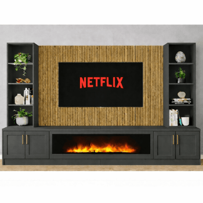 Large 60" Fireplace Media Wall Entertainment with Shaker Door Base & Double Shelving Unit - For Up to 120" TVs 4 - Online Bedrooms
