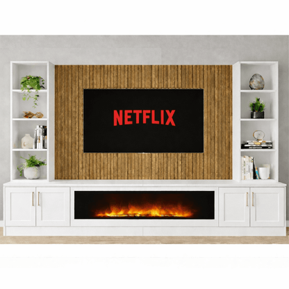 Large 60" Fireplace Media Wall Entertainment with Shaker Door Base & Double Shelving Unit - For Up to 120" TVs 6 - Online Bedrooms