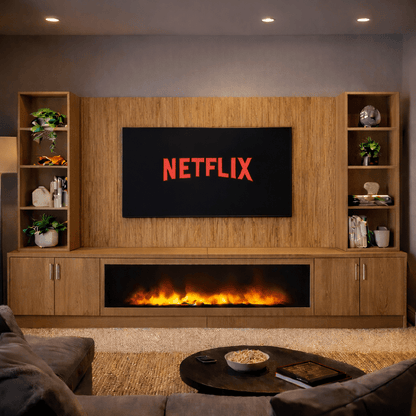 Large 60" Fireplace Media Wall Entertainment with Smooth Door Base & Double Shelving Unit - For Up to 110" TVs 15 - Online Bedrooms