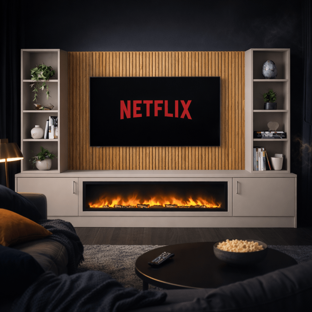 Large 60" Fireplace Media Wall Entertainment with Smooth Door Base & Double Shelving Unit - For Up to 110" TVs 17 - Online Bedrooms