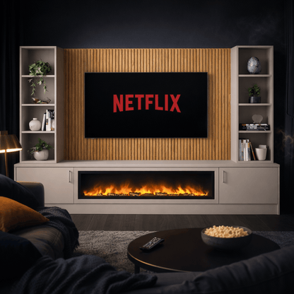 Large 60" Fireplace Media Wall Entertainment with Smooth Door Base & Double Shelving Unit - For Up to 110" TVs 17 - Online Bedrooms
